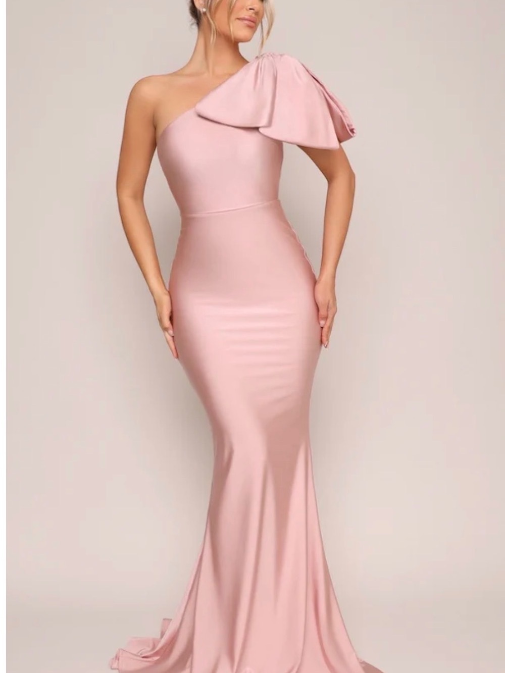 Blush Pink One-Shoulder Mermaid Dress with Draped Sleeve